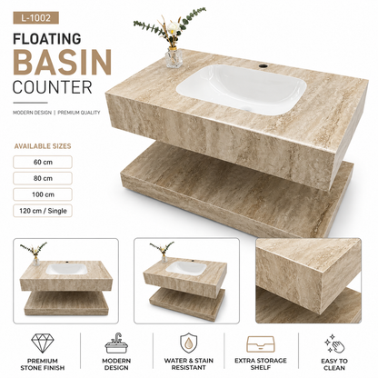 Floating Marble Finish Basin Counter with Integrated Wash Basin & Storage Shelf