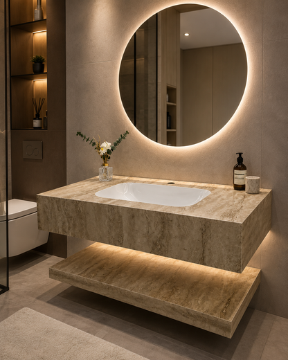 Floating Marble Finish Basin Counter with Integrated Wash Basin & Storage Shelf