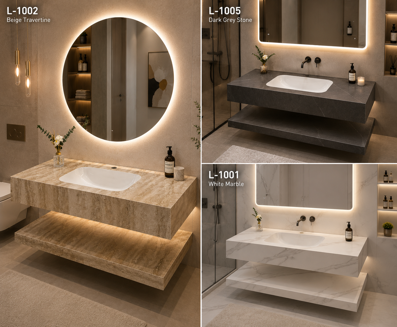 Floating Marble Finish Basin Counter with Integrated Wash Basin & Storage Shelf