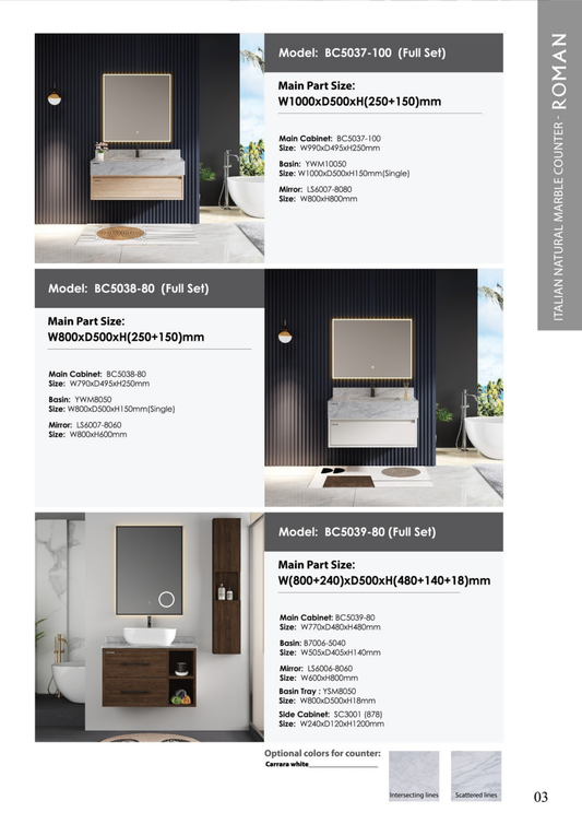Roman Brand Italian Natural Marble Basin Cabinet Full Set with LED Mirror – Made in UAE – Optional Colors – Heavy Duty Materials