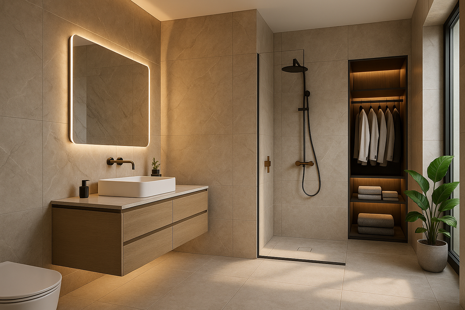 "A luxury modern bathroom interior with large 60x120 porcelain tiles in matt finish, wall-mounted basin cabinet with LED mirror, concealed shower and closet system, warm ambient lighting, gold and black fixtures, minimalistic decor, marble texture accents, indoor plants in the corner, clean and elegant layout, natural daylight from side window, realistic rendering, high detail, ultra HD."