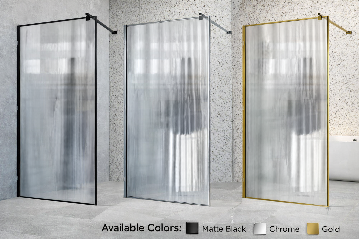 Frameless Reeded Glass Shower Screen – Matte Black / Chrome / Gold Finish (80–100cm Width)