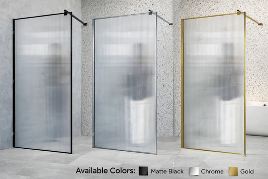 Frameless Reeded Glass Shower Screen – Matte Black / Chrome / Gold Finish (80–100cm Width)