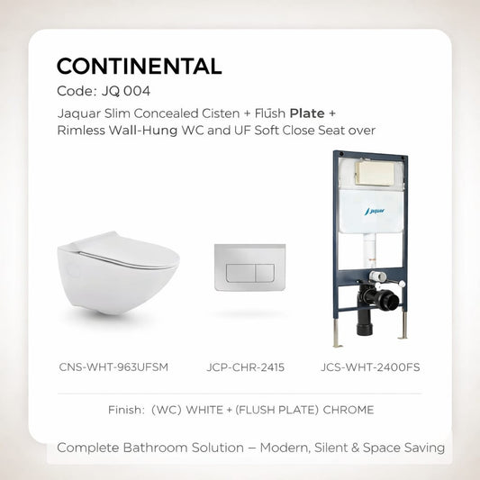 Jaquar Slim Concealed Cistern + Flush Plate + Rimless Wall-Hung WC + UF Soft Close Seat Cover