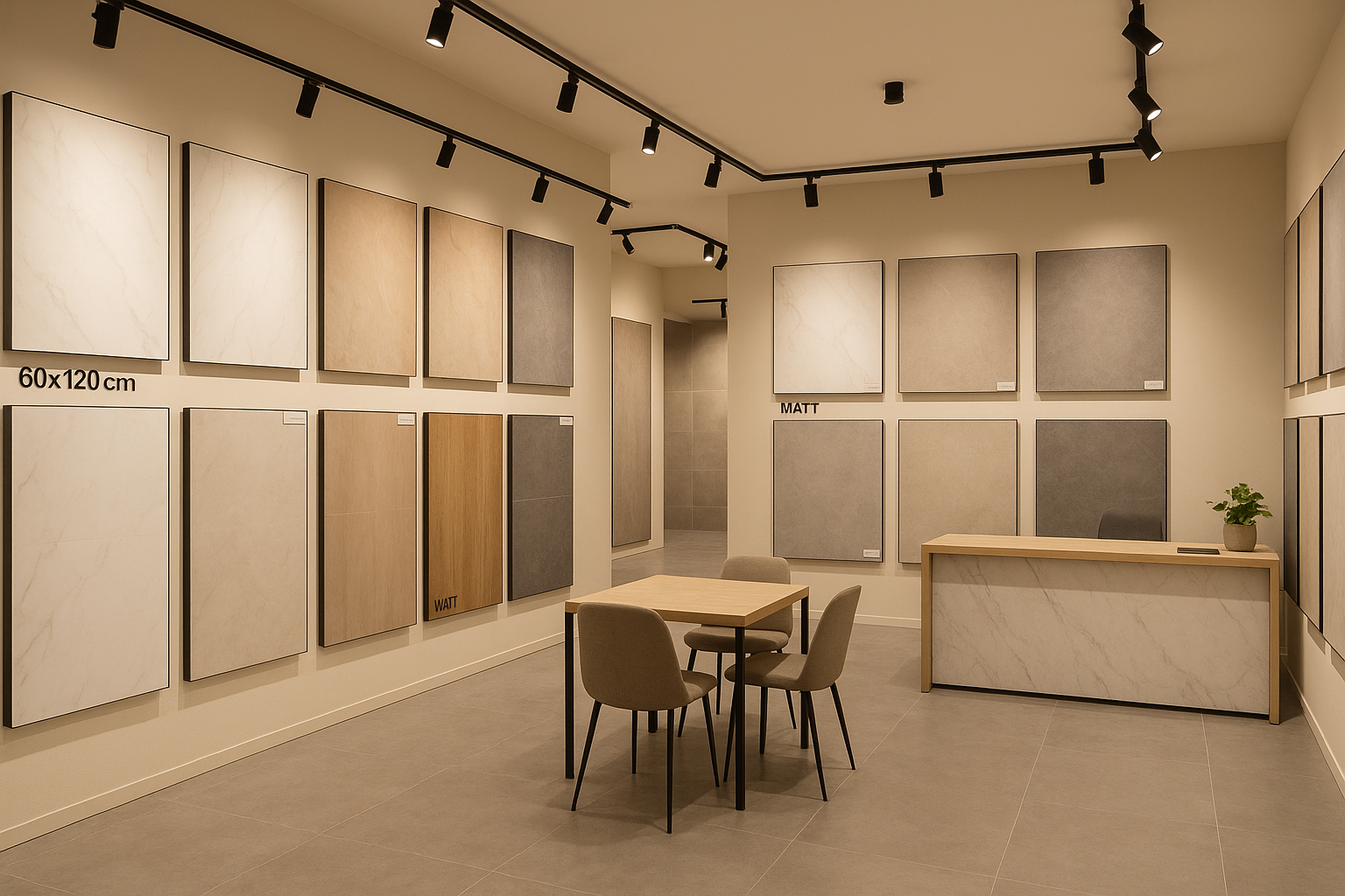 “Modern tile showroom interior with well-lit, organized display walls featuring large format 60x120 cm porcelain tiles in glossy and matt finishes. Spacious layout with floor and wall tile samples, warm ambient lighting, minimalistic furniture, marble and wood-look tiles on display panels, product labels, and a clean, inviting shopping environment. Stylish reception desk and customer consultation area included.”